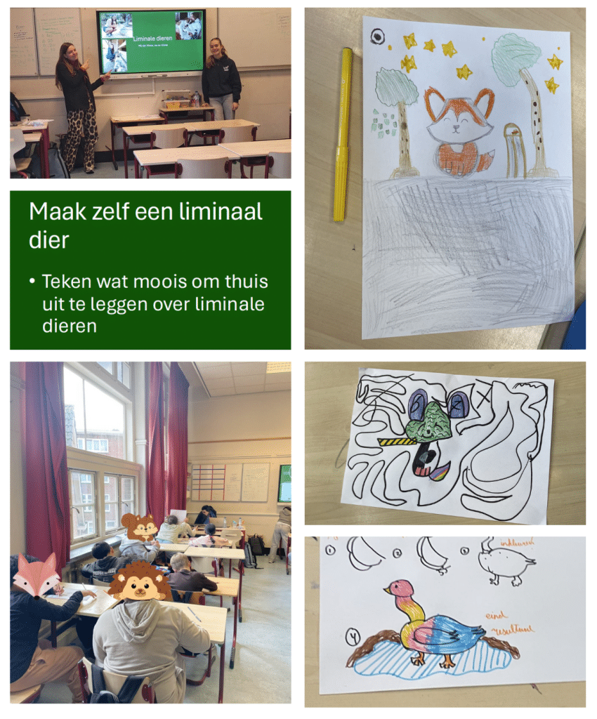 collage van activiteiten rond de workshop over liminale dieren. Twee studentes staan in beeld, een klaslokaal en drie tekeningen van de leerlingen.