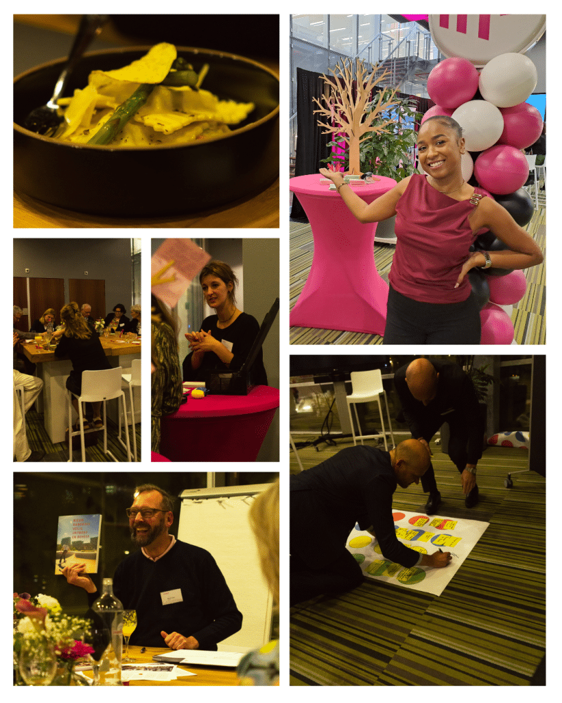 Fotocollage die enkele indrukken biedt van het Walking Pensant: een gerecht, alumna Fabienne Serfilia, Ruby de Jong, Ko Koens en Manuel Lopez.