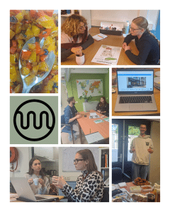 De afbeelding toont een collage van momenten tijdens de studiodag. Studenten die met elkaar in gesprek zijn of hun werk presenteren; het logo van het lab en een hapje eten gemaakt van reststromen. The image shows a collage of moments during the studio day. Students talking to each other or presenting their work; the lab logo and a snack made from waste streams.