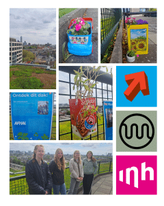 De afbeelding toont de plantenbakken die de studenten bedachten van gerecycled materiaal, de logo's van het Urban Leisure & Tourism Lab Rotterdam; de Rotterdamse Dakendagen; Hogeschool Inholland, een uitzicht vanaf het dak van het Groot Handelsgebouw en een foto van de studenten zelf op het dak. The image shows the planters the students designed from recycled material, the logos of the Urban Leisure & Tourism Lab Rotterdam; the Rotterdam Roof Days; Inholland University of Applied Sciences, a view from the roof of the Groot Handelsgebouw, and a photo of the students themselves on the roof.